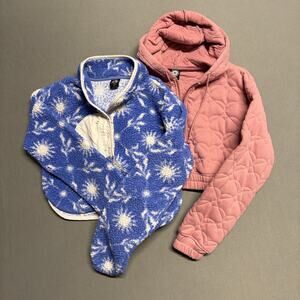 Pacsun Pink Quilted Cropped‎ Hoodie & Blue Star Print Faux Fur Hoodie S